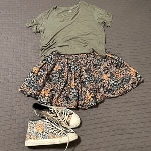 American Eagle Floral Pleated Skirt & High-Top Sneakers w/AE Soft & Sexy T-shirt